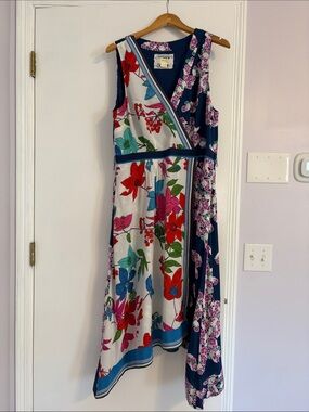 Anthropologie Navy, White & Multicolor Floral Wrap Midi Dress - Contrast Panel